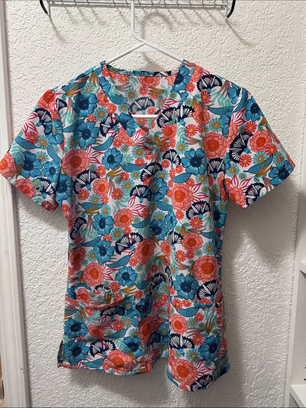 Floral V-Neck Scrub Top in Turquoise & Coral